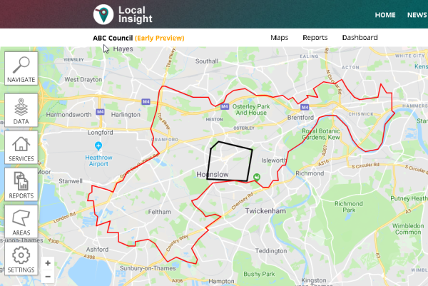 The red line shows the Local Authority boundary of Hounslow which has been selected to be the permanent boundary on display. The black boundary line is a custom area.